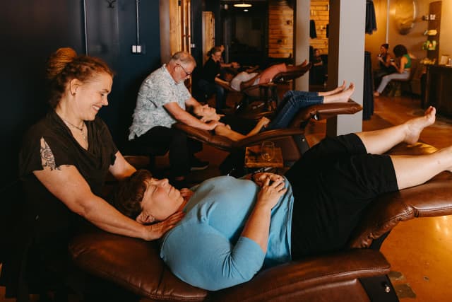 Our one room social spa in downtown Asheville allows guests to relax together in a casual, welcoming space. Our one room social spa in downtown Asheville allows guests to relax together in a casual, welcoming space.